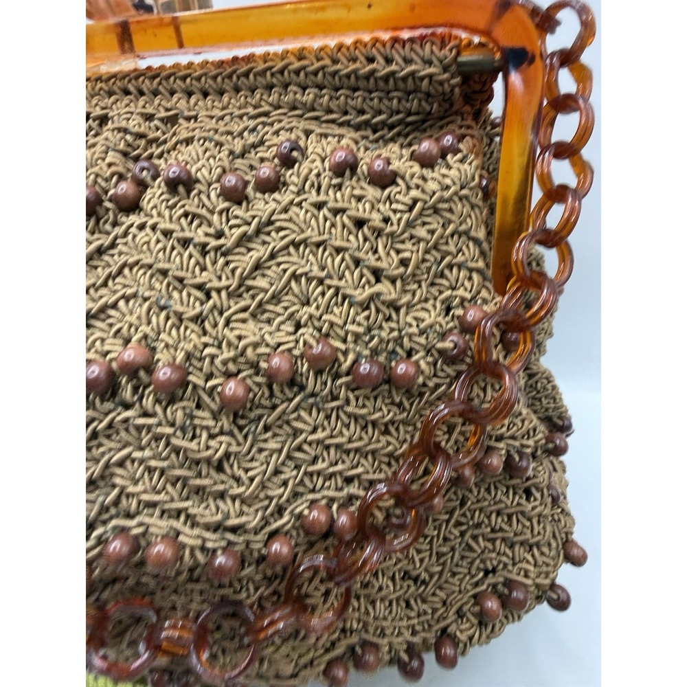 Vtg Oval Box Purse Beaded Handbag With Tortoise Lucite/Bakelite? Early Plastic - Picture 9 of 10